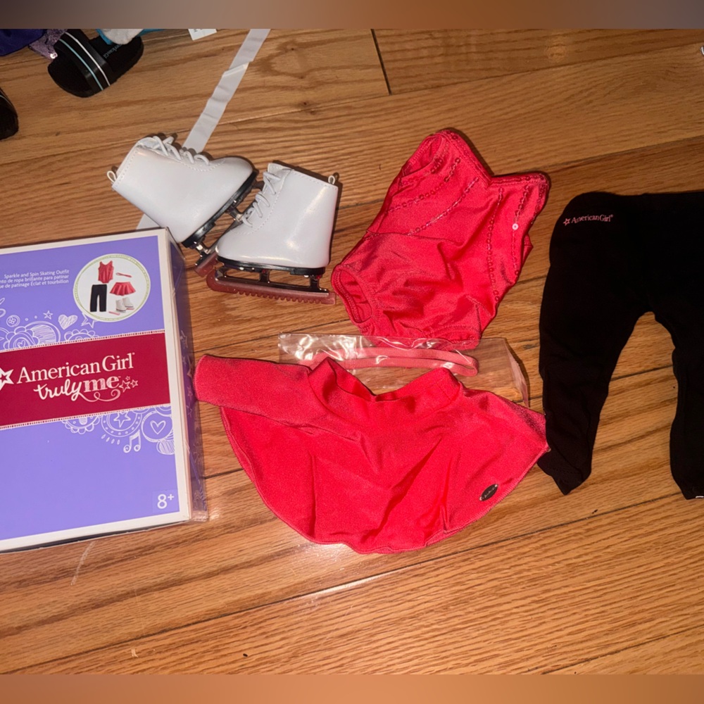 American girl, doll sparkle, and spin skating outfit with box